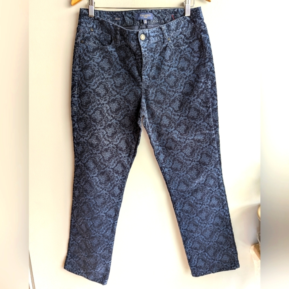 Talbots Petite Heritage Blue Velvet Burnout Corduroy Pants Womens Sz 12P Floral - Picture 1 of 12